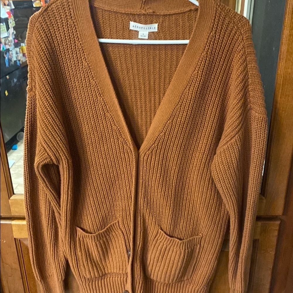 Aeropostale Oversized Small Brown Cardigan Chunky Sweater Ribbed Knit Fall